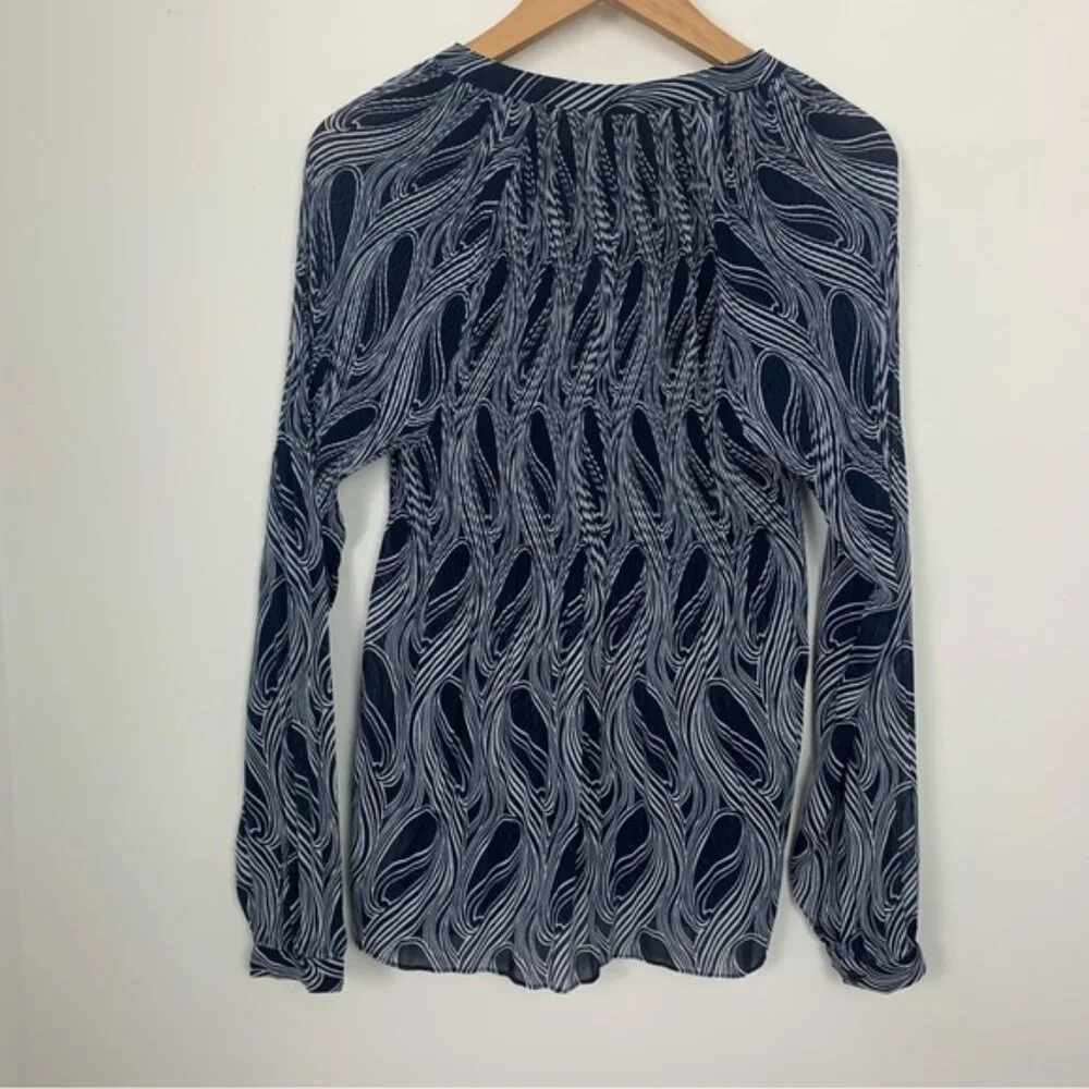 Michael Kors Long Sleeve Navy Wave Print Blouse - Picture 6 of 9